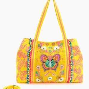 America & Beyond Embroidered Yellow Tote Bag